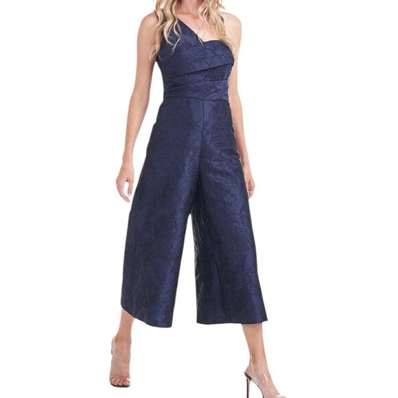 Kay Unger Pandora Blue Floral Jacquard Cropped One Shoulder Jumpsuit| Size 6 - Picture 3 of 11